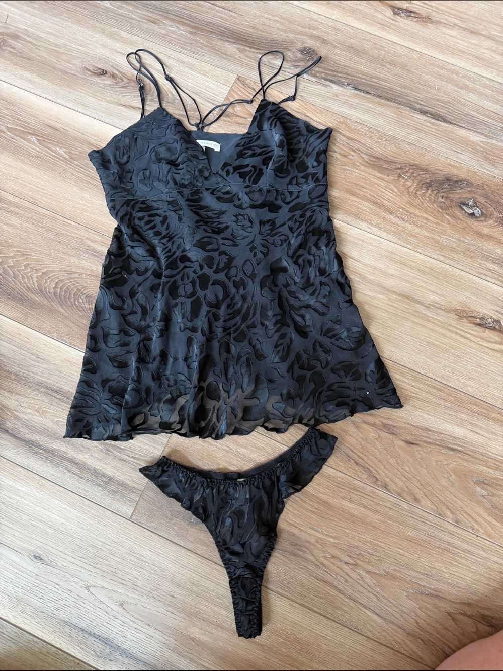 Victoria's Secret Black Floral-Texture Camisole & Thong Set